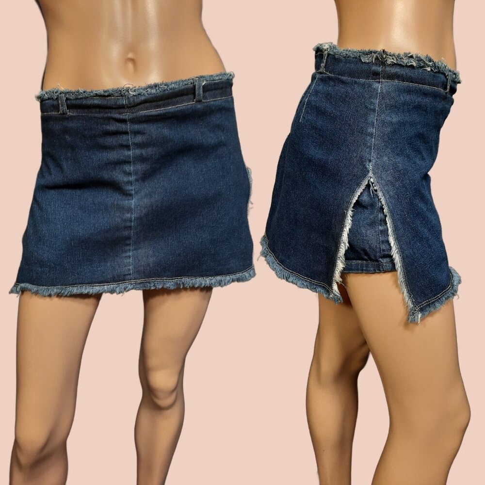 Vintage 90s Y2K denim Micro Mini Skirt Skort Womens S Raw Frayed Hem Mid Rise